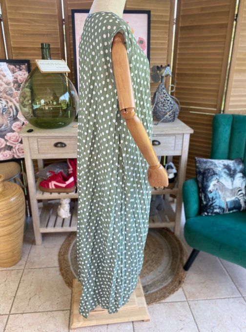 Maxi-tunique plissée asymétrique kaki clair pois blancs du 42 au 56/58
