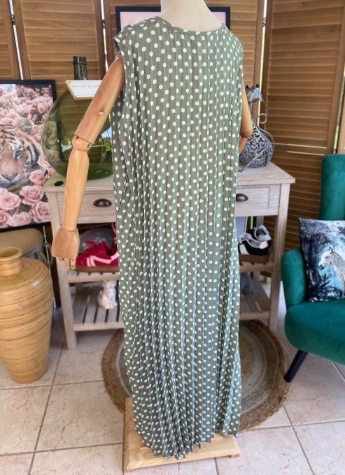 Maxi-tunique plissée asymétrique kaki clair pois blancs du 42 au 56/58