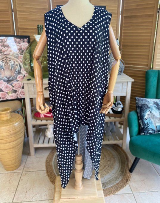 Maxi-tunique plissée asymétrique noire pois blancs du 42 au 56/58