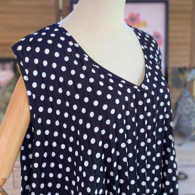 Maxi-tunique plissée asymétrique noire pois blancs du 42 au 56/58