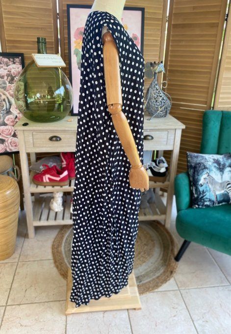 Maxi-tunique plissée asymétrique noire pois blancs du 42 au 56/58