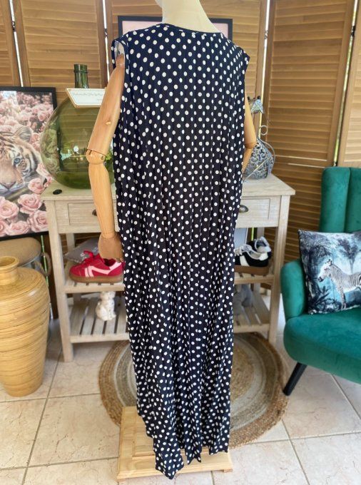 Maxi-tunique plissée asymétrique noire pois blancs du 42 au 56/58