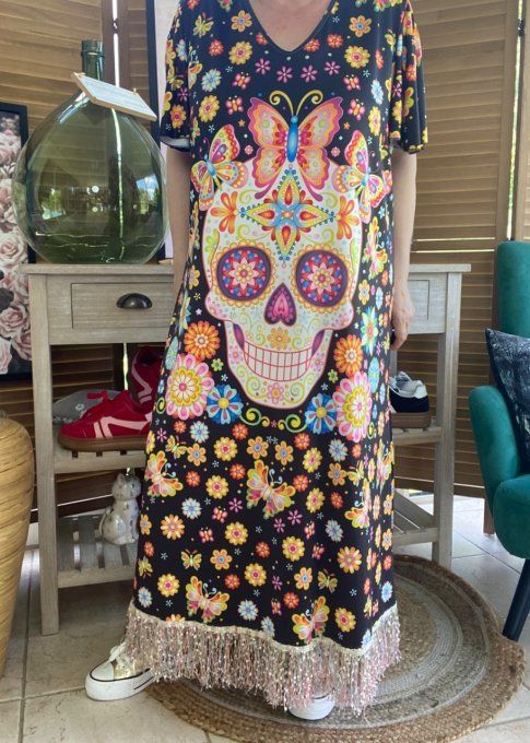 Robe longue satinée mat noire Mexican Skulls Calaveras franges multicolores du 38 au 48/50