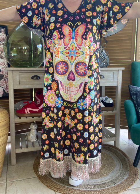 Robe longue satinée mat noire Mexican Skulls Calaveras franges multicolores du 38 au 48/50