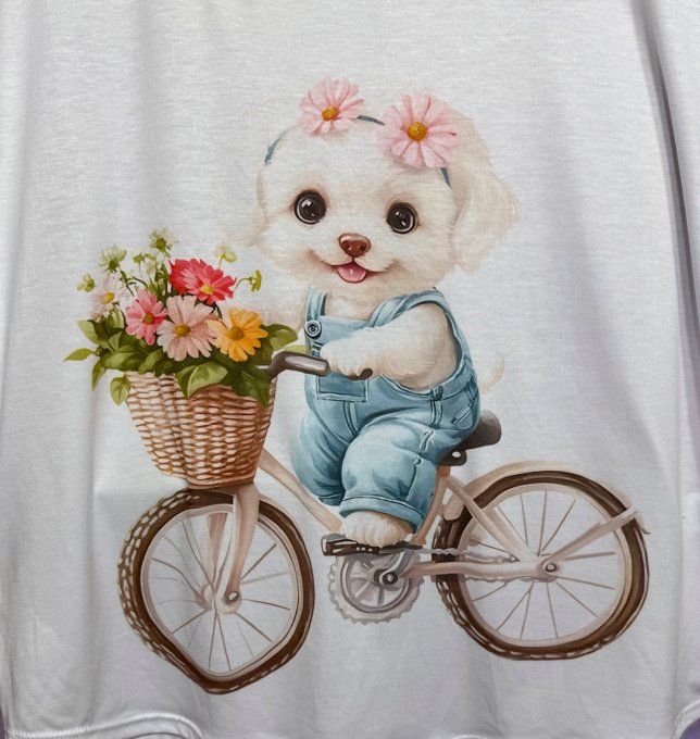 Tee-shirt ample blanc Le Petit chien Bichon à bicyclette du 38 au 50/52