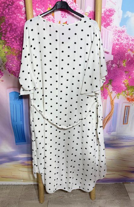 Robe trapèze longue asymétrique écrue pois noirs manches volantées + ceinture du 38 au 52