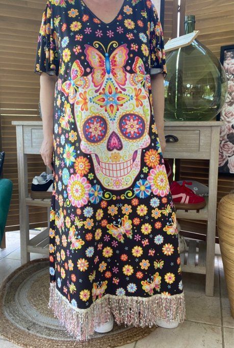 Robe longue satinée mat noire Mexican Skulls Calaveras franges multicolores du 38 au 48/50