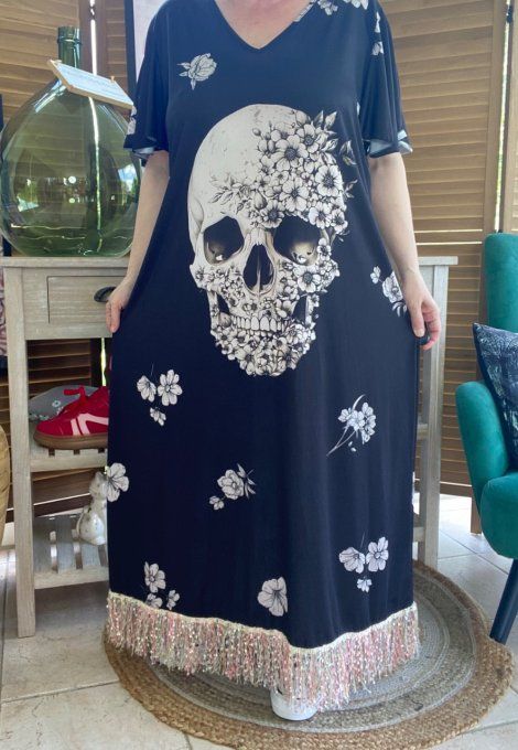 Robe longue satinée mat noire Mexican Skulls Calavera en fleurs franges multicolores du 38 au 48/50