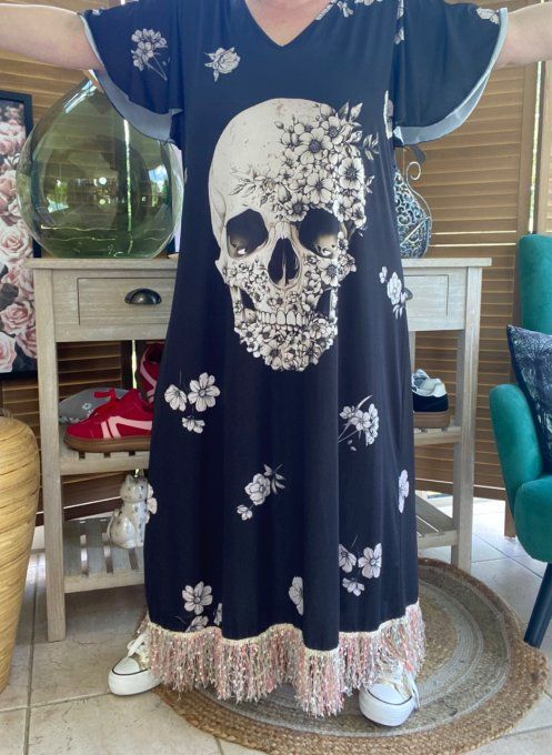 Robe longue satinée mat noire Mexican Skulls Calavera en fleurs franges multicolores du 38 au 48/50