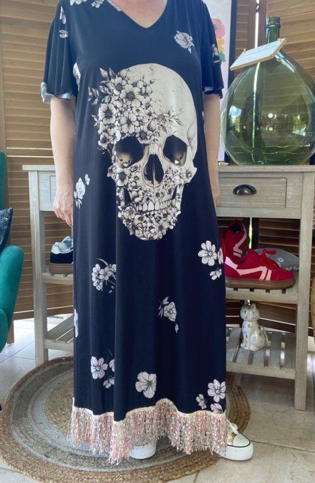 Robe longue satinée mat noire Mexican Skulls Calavera en fleurs franges multicolores du 38 au 48/50