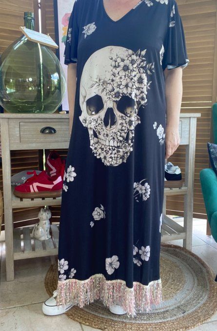 Robe longue satinée mat noire Mexican Skulls Calavera en fleurs franges multicolores du 38 au 48/50