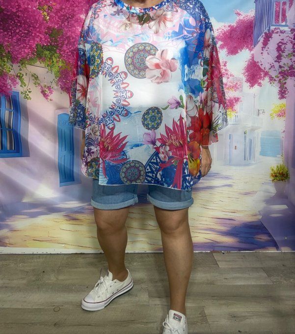 Tunique ample en voile ou Tunique de plage Bleu Royal Mandalas et Fleurs exotiques  du 38 au 52