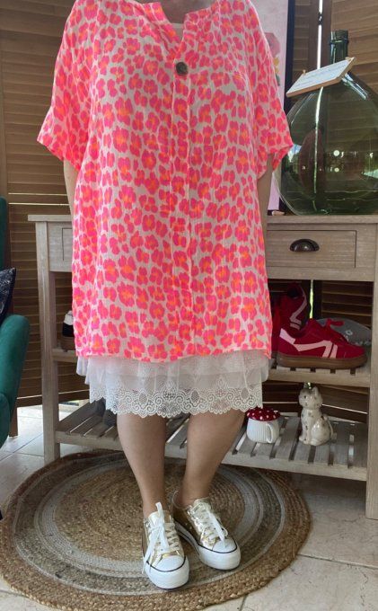 Blouse ample gaze de coton Léopard rose fluo douceur +++ du 42 au 54