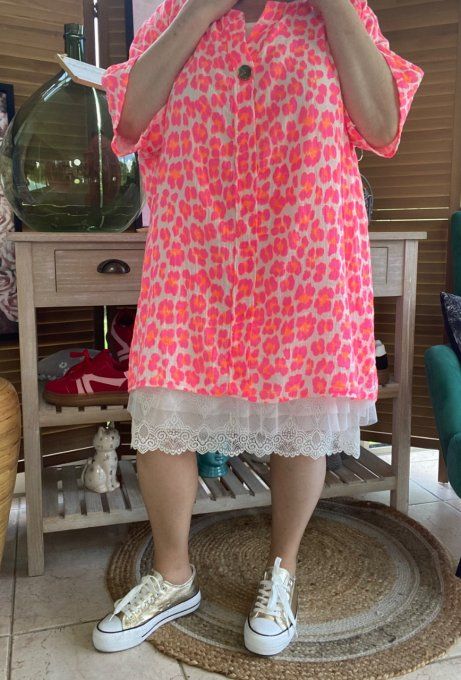 Blouse ample gaze de coton Léopard rose fluo douceur +++ du 42 au 54