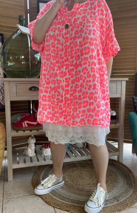 Blouse ample gaze de coton Léopard rose fluo douceur +++ du 42 au 54