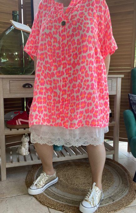 Blouse ample gaze de coton Léopard rose fluo douceur +++ du 42 au 54