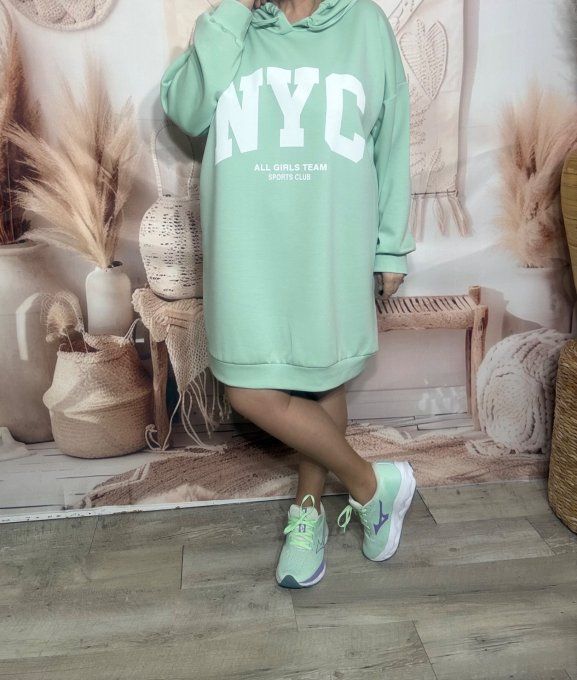Maxi-sweat à capuche vert Menthe ou Robe-sweat sportswear confort +++ du 40 au 52 