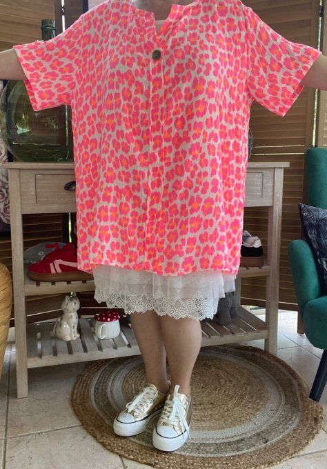 Blouse ample gaze de coton Léopard rose fluo douceur +++ du 42 au 54