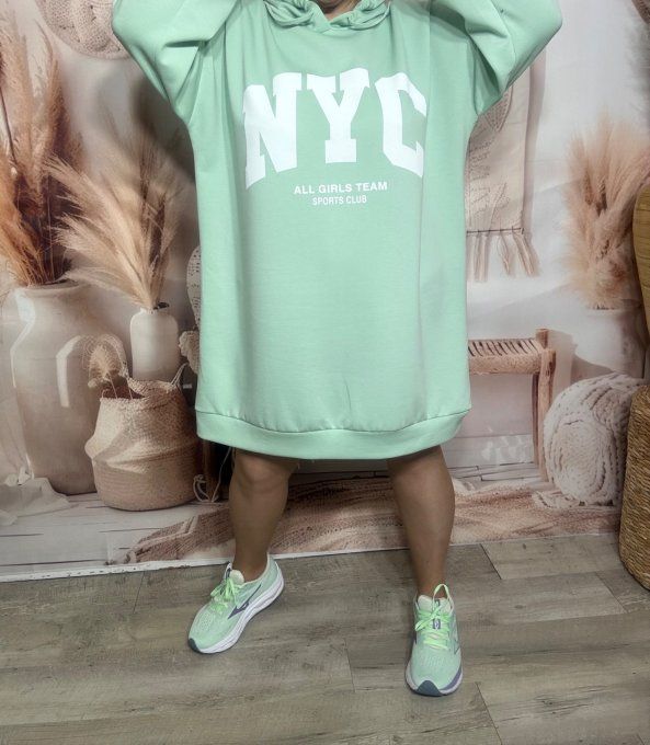 Maxi-sweat à capuche vert Menthe ou Robe-sweat sportswear confort +++ du 40 au 52 
