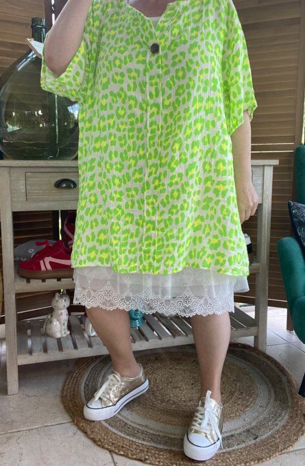 Blouse ample gaze de coton Léopard vert fluo douceur +++ du 42 au 54
