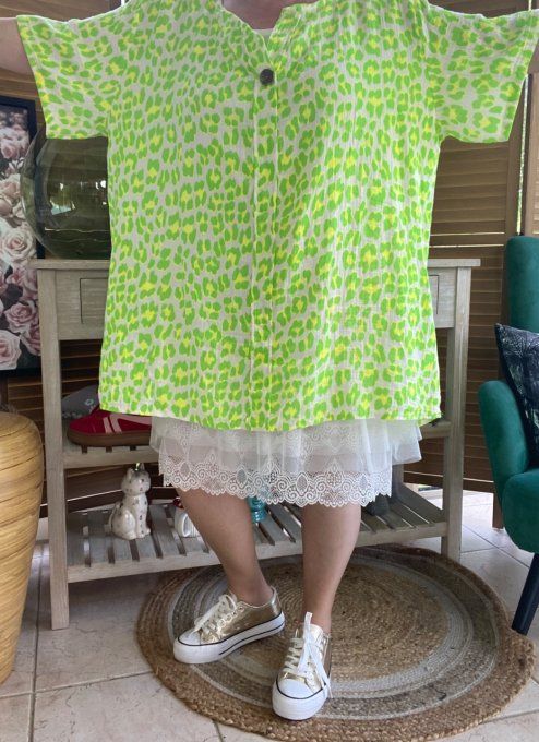 Blouse ample gaze de coton Léopard vert fluo douceur +++ du 42 au 54