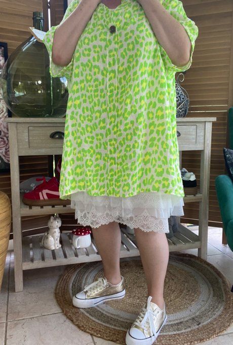 Blouse ample gaze de coton Léopard vert fluo douceur +++ du 42 au 54