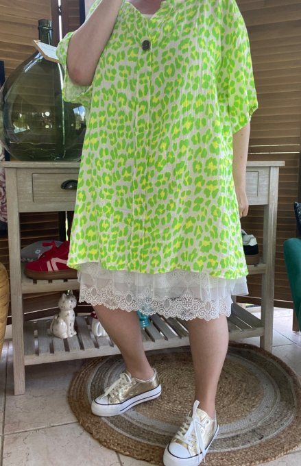 Blouse ample gaze de coton Léopard vert fluo douceur +++ du 42 au 54