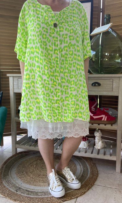 Blouse ample gaze de coton Léopard vert fluo douceur +++ du 42 au 54