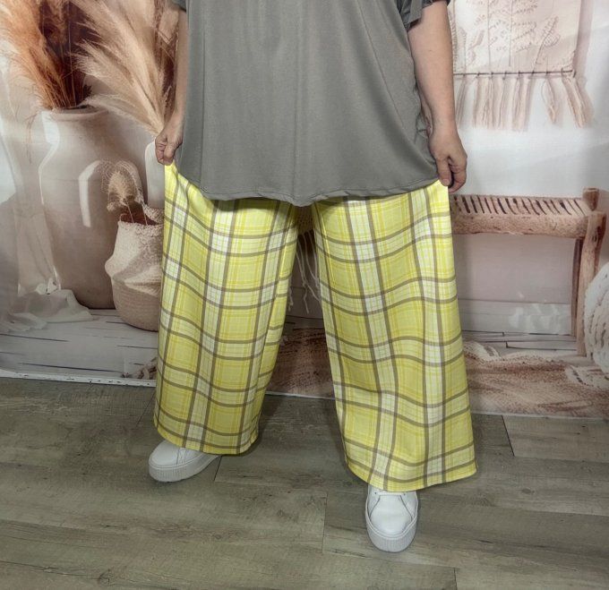 Pantalon palazzo Jacquard jaune pastel  taupe blanc confort ++++ du 40 au 50/52
