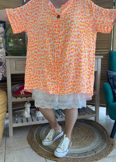 Blouse ample gaze de coton Léopard orange fluo douceur +++ du 42 au 54 