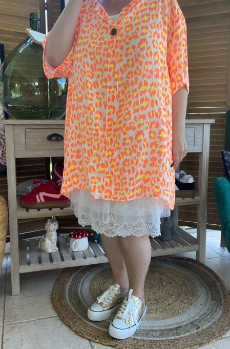 Blouse ample gaze de coton Léopard orange fluo douceur +++ du 42 au 54 