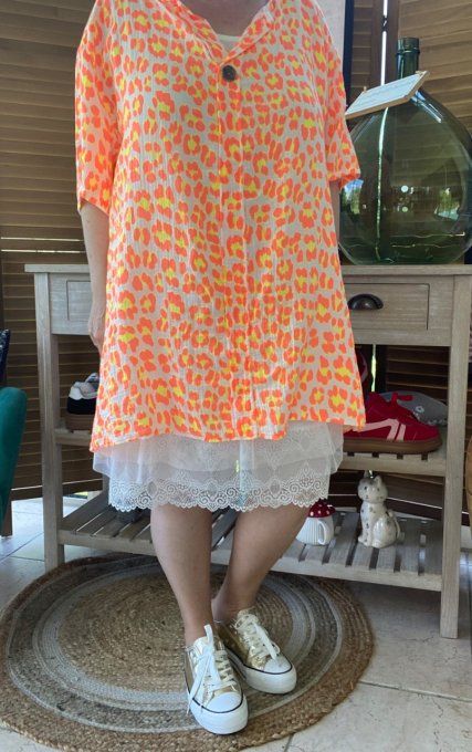 Blouse ample gaze de coton Léopard orange fluo douceur +++ du 42 au 54 