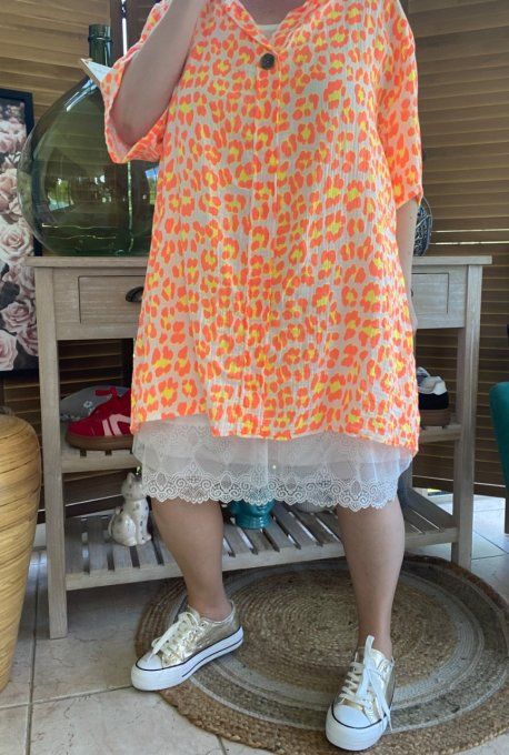 Blouse ample gaze de coton Léopard orange fluo douceur +++ du 42 au 54 