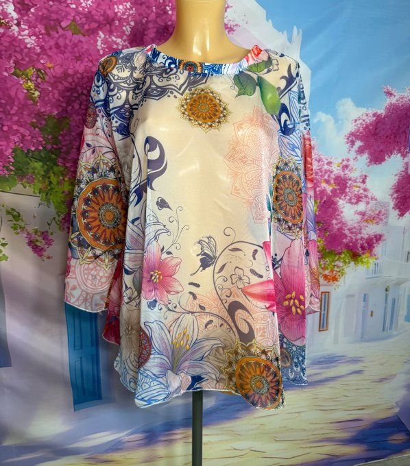 Tunique ample en voile ou Tunique de plage Marine Mandalas et Fleurs exotiques  du 38 au 52