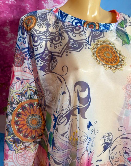 Tunique ample en voile ou Tunique de plage Marine Mandalas et Fleurs exotiques  du 38 au 52