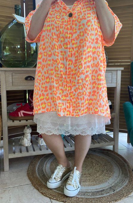 Blouse ample gaze de coton Léopard orange fluo douceur +++ du 42 au 54 