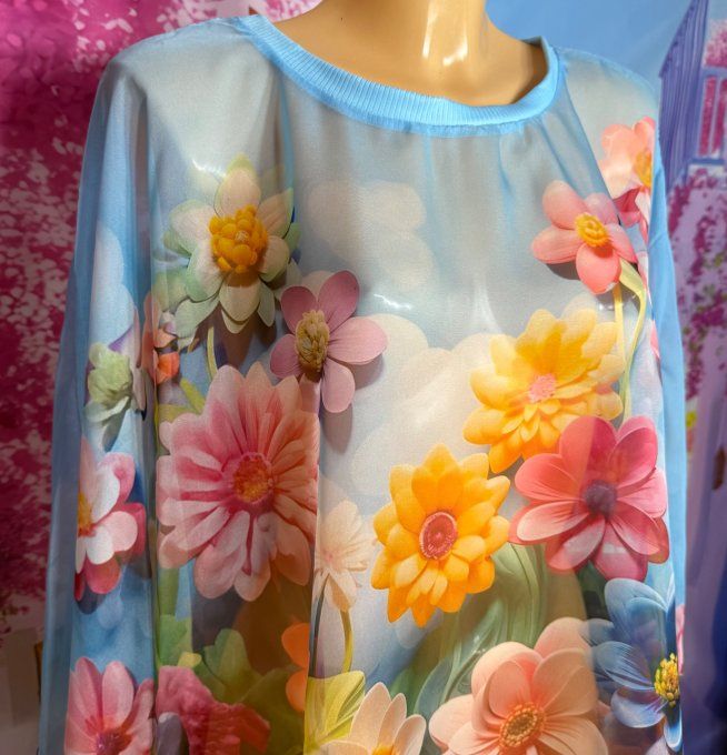 Tunique ample en voile ou Tunique de plage bleue Jardin de fleurs du 38 au 52