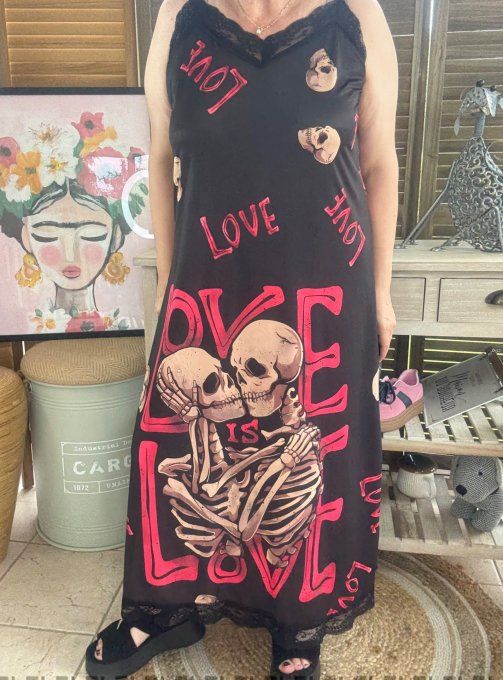 Robe longue bretelles réglables noire Skeleton in Love du 36 au 46