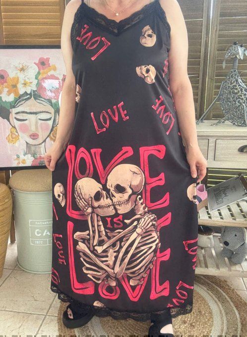 Robe longue bretelles réglables noire Skeleton in Love du 36 au 46