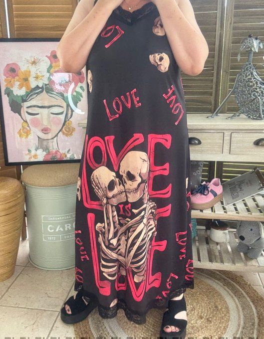 Robe longue bretelles réglables noire Skeleton in Love du 36 au 46