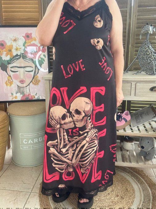 Robe longue bretelles réglables noire Skeleton in Love du 36 au 46