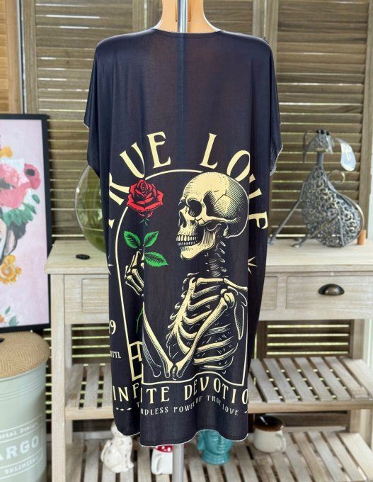 Robe courte ou tunique longue noire Skeleton in Devotion & Red Rose du 42 au 52 