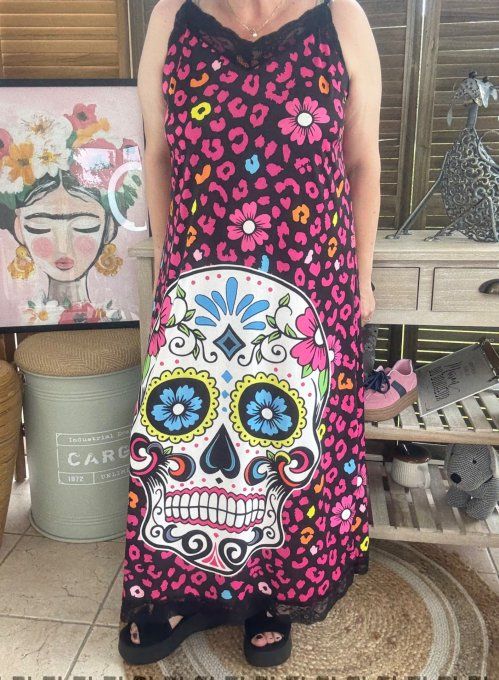 Robe longue bretelles réglables léopard rose Mexican Skulls Calavera du 36 au 46