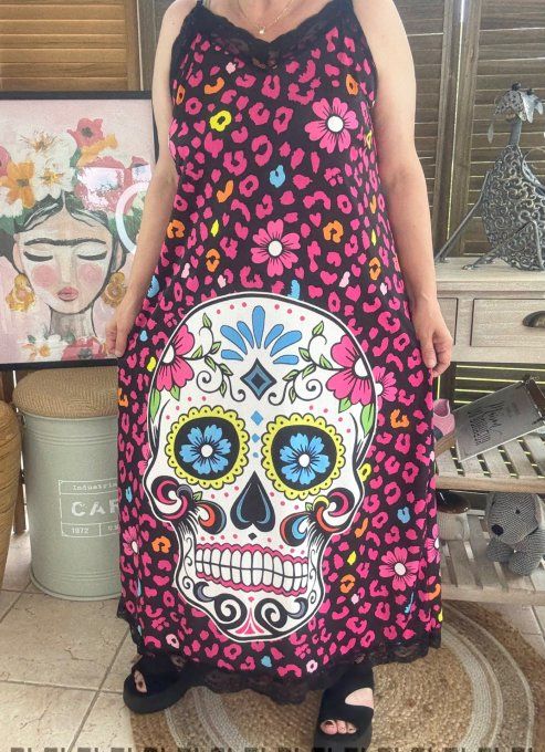 Robe longue bretelles réglables léopard rose Mexican Skulls Calavera du 36 au 46