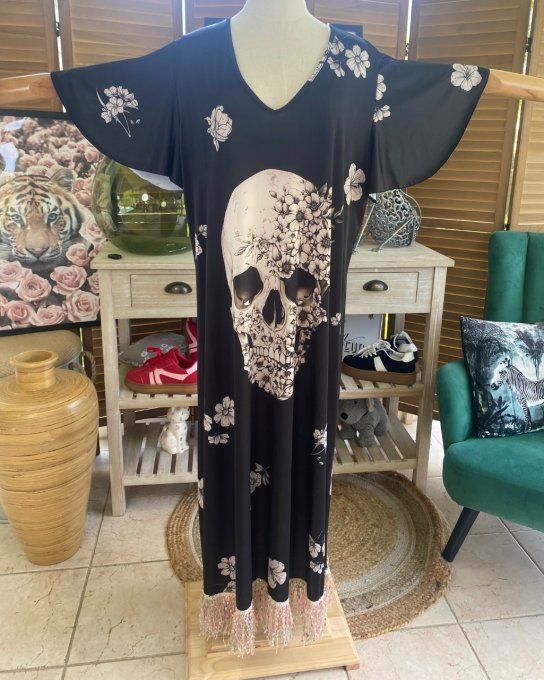 Robe longue satinée mat noire Mexican Skulls Calavera en fleurs franges multicolores du 38 au 48/50
