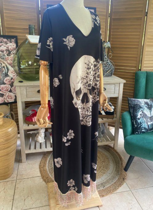 Robe longue satinée mat noire Mexican Skulls Calavera en fleurs franges multicolores du 38 au 48/50
