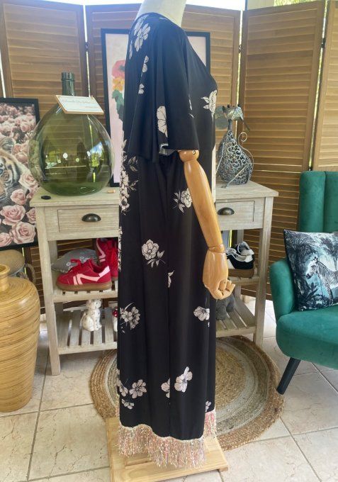 Robe longue satinée mat noire Mexican Skulls Calavera en fleurs franges multicolores du 38 au 48/50