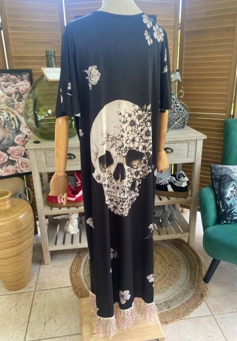 Robe longue satinée mat noire Mexican Skulls Calavera en fleurs franges multicolores du 38 au 48/50