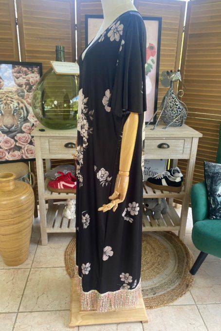 Robe longue satinée mat noire Mexican Skulls Calavera en fleurs franges multicolores du 38 au 48/50