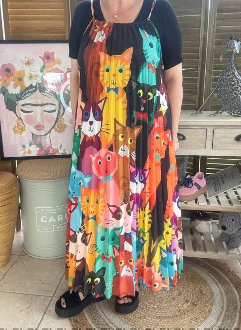 Robe longue plissée bretelles ajustables multicolore Vive les chats du 38 au 48/50  